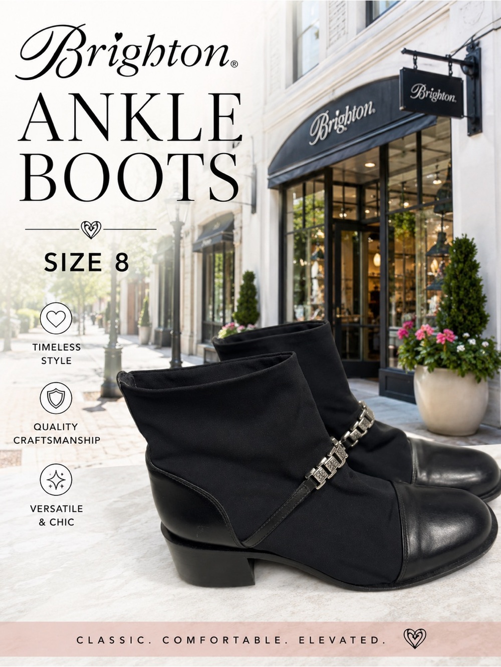 Brighton Black Ankle Boots with Gold Chain Accent